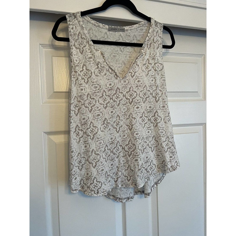 Athleta Top Womens XLarge Newport Medallion Racerback Tank Ivory Tan 100% Linen